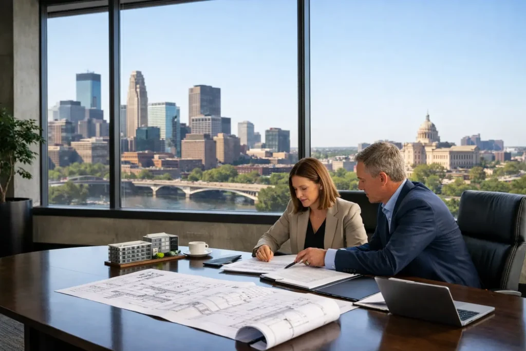 Commercial lease planning meeting with Minneapolis skyline view